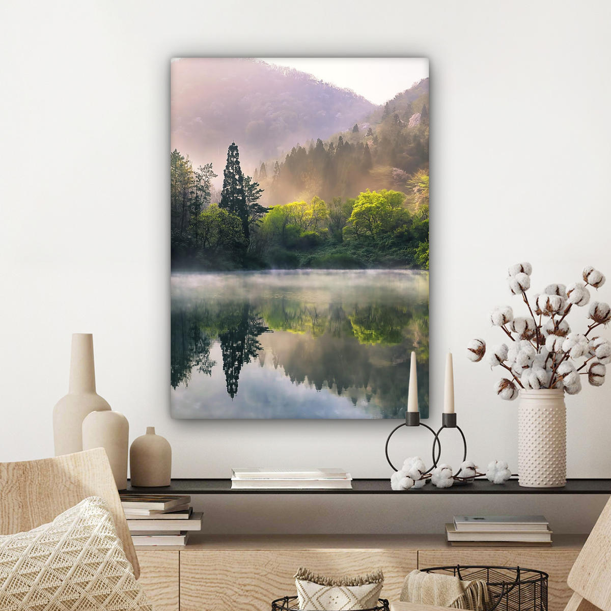 LEINWANDBILD Natur - Bäume - Berge - See - Wasser 60x80 cm - Hellgrün, Textil (60/80cm) - MuchoWow