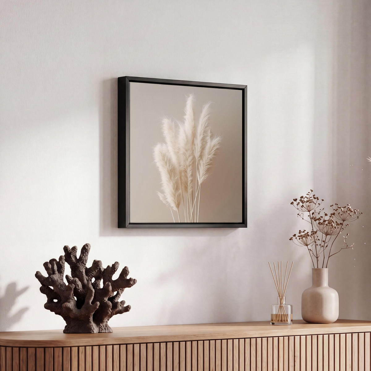 LEINWAND Bilder mit Rahmen - Pampasgras - Federn - Pastell - Weiß - 20x20 - Naturfarben, Textil (20/20cm) - MuchoWow