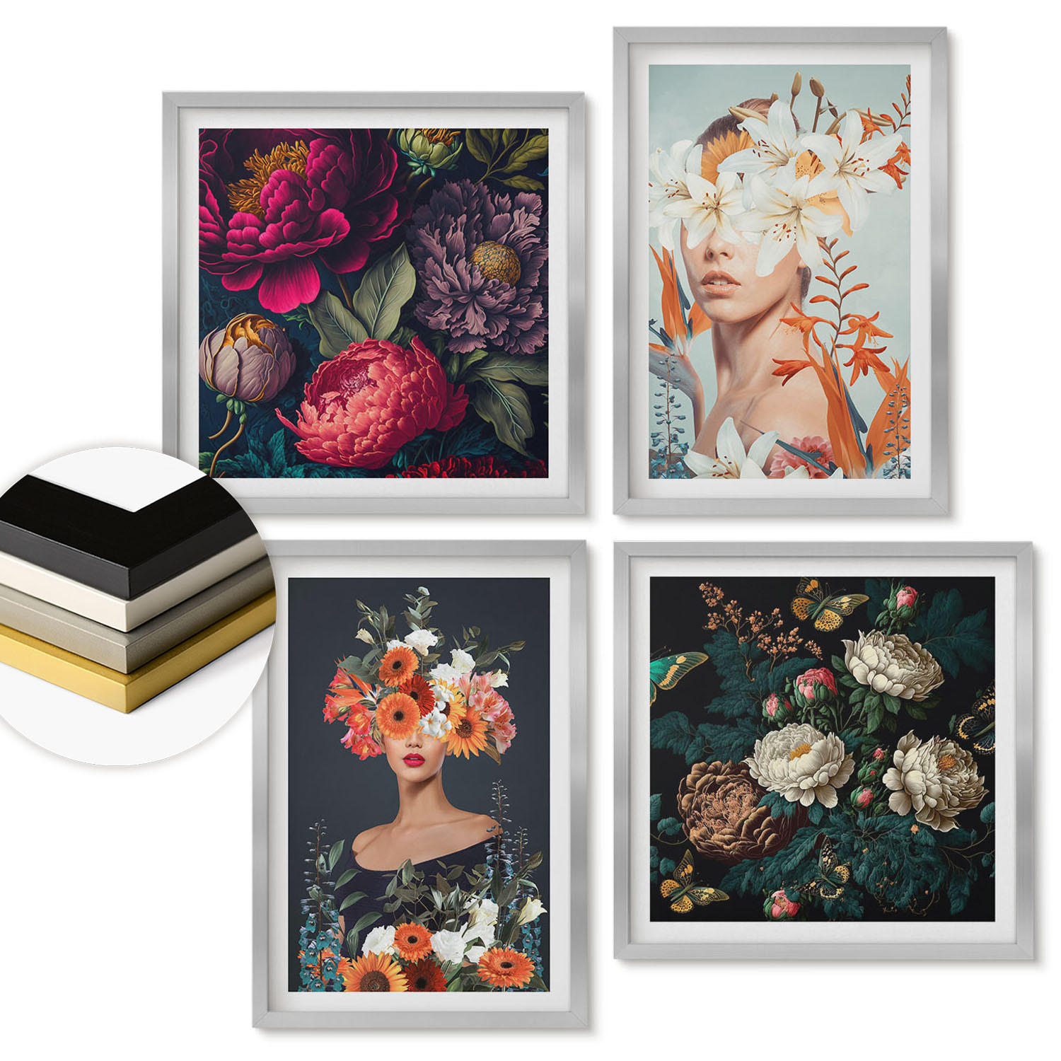 WANDBILDER 4er Set - 50x50 cm & 40x60 cm Silberner Rahmen - Blumenporträts, Sträuße, Blätter - Silberfarben, Kunststoff (50/50cm) - ArtPrintCave
