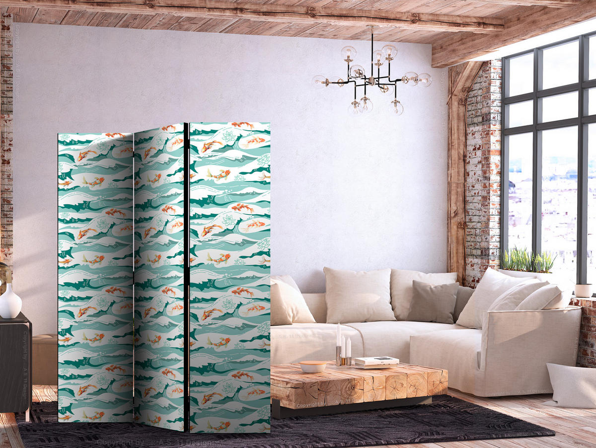 PARAVENT Beidseitig Bedruckter 3-tlg 135x172 cm Koi Fische und Meereswellen - Multicolor, Holz/Textil (135/172/3cm) - Muralo