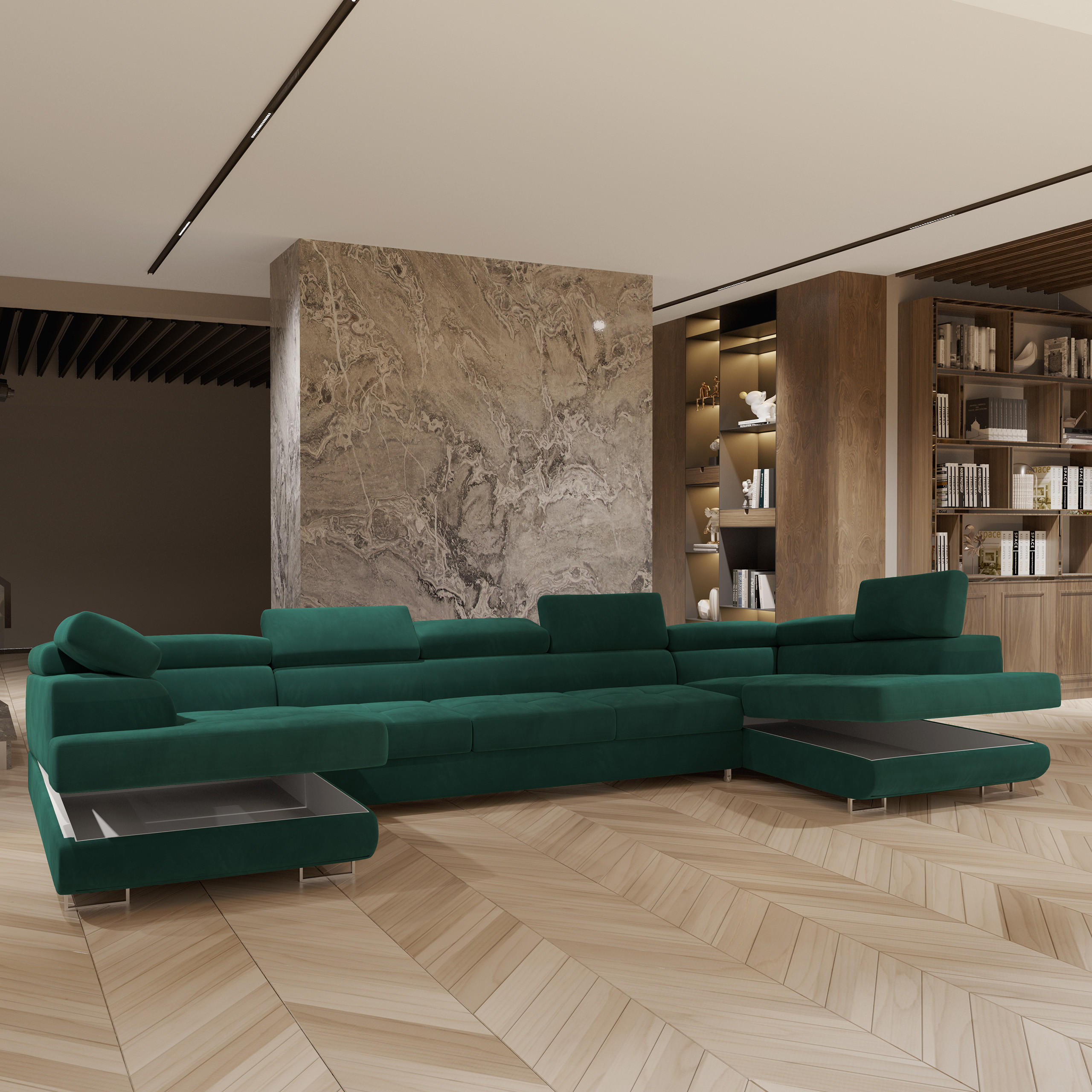 WOHNLANDSCHAFT ISOLANO Grün Velours-Stoff mit Schlaffunktion - Grün, Holz (408/90/202cm) - MASSENO