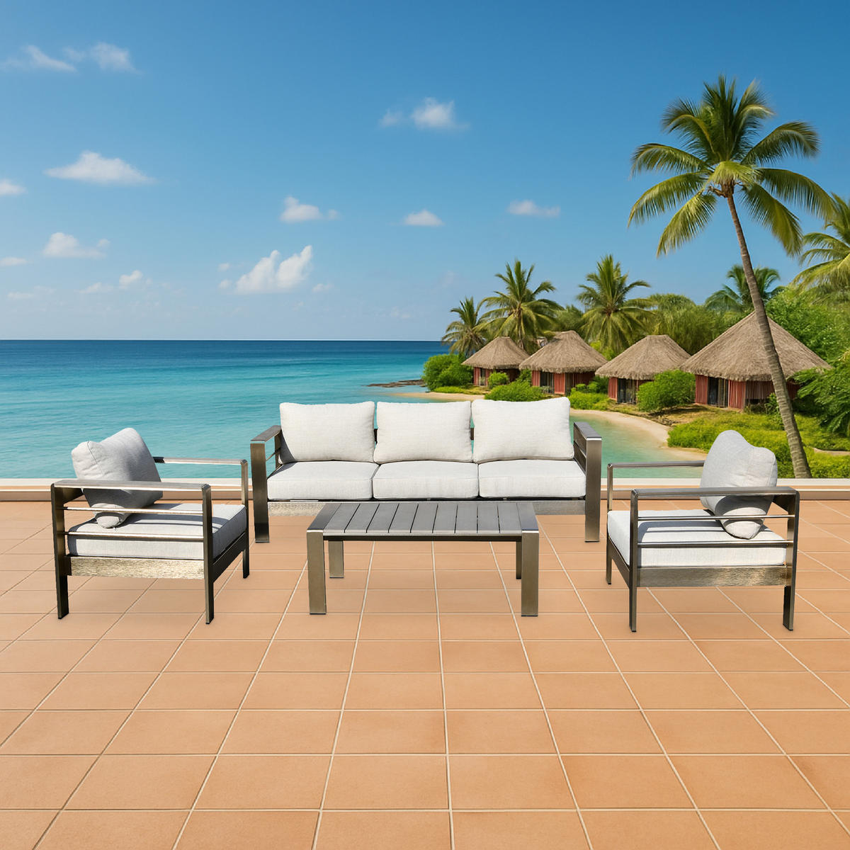 LOUNGE-SET Rochdale - 4-teilig aus gebürstetem Aluminium, Tischplatte und Armlehnen aus Kunstholz naturfarben - Grau, Metall - TPFGarden