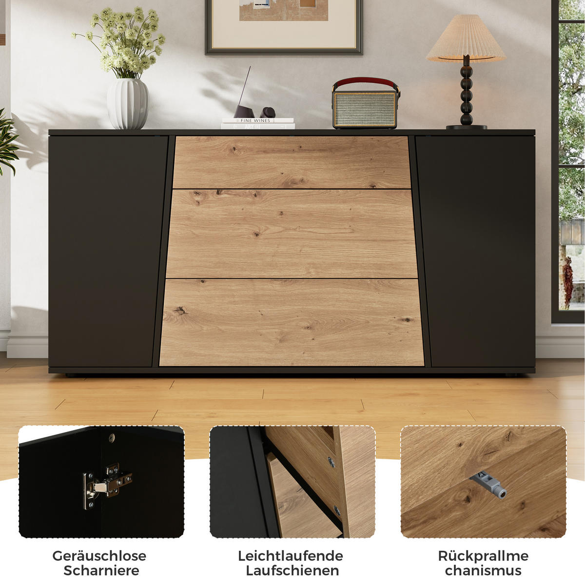 KÜCHENSCHRANK 140x35x70cm Schwarz Holzton mit 3 Schubladen - Schwarz/Naturfarben, Holzwerkstoff (140/70/35cm) - FLIEKS