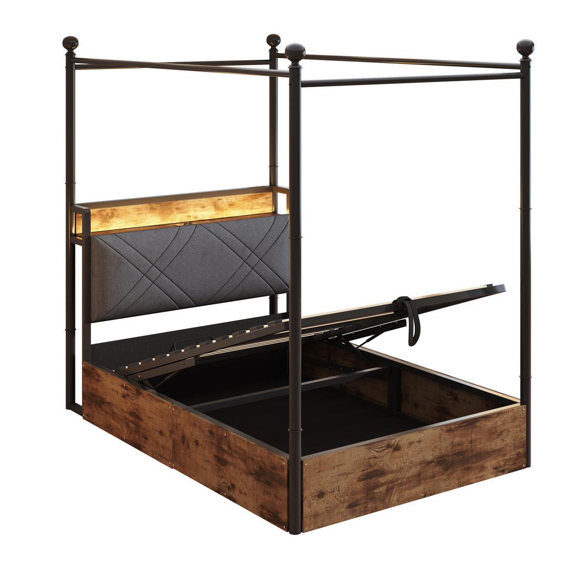 KOVOVÁ postel 90/190 cm s odnímatelným baldachýnem, LED osvětlením, USB a úložným prostorem, Černá - černá, kov (90/190cm) - Redom
