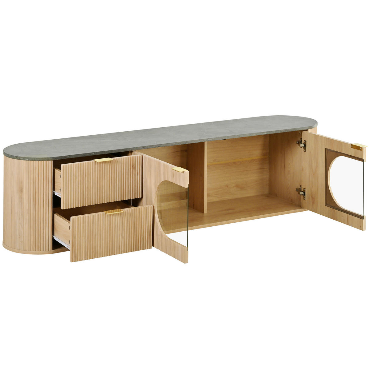 LOWBOARD 172/38/45,5 cm aus MDF mit grauer Glasvitrine und 3D-Türfronten Naturfarben - Hellbraun, Holzwerkstoff (172/45.5/38cm) - Modenvie