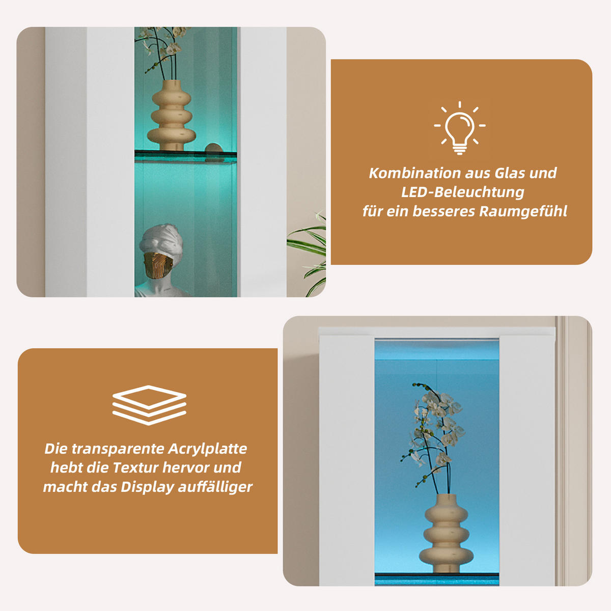 VITRINE mit 4 Ebenen Acrylglas LED Beleuchtung Fernbedienung modern Weiß Spanplatte transparent - Transparent/Weiß, Glas/Holzwerkstoff (40/170/29cm) - EVRYAE