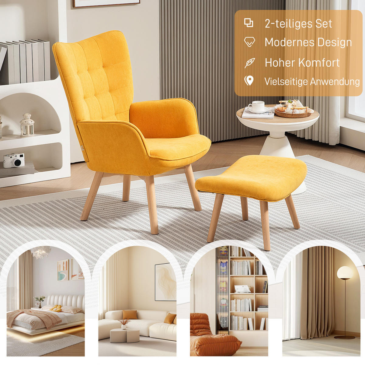 OHRENSESSEL mit Hocker 72/80/101 cm in Orange mit Buchenholzbeinen - Orange, Textil (72/101/80cm) - Flora Grace