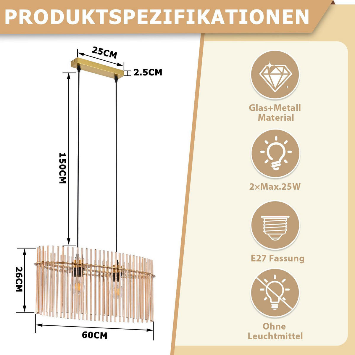 PENDELLEUCHTE BALDWIN Ⅲ 25/60/150 cm - Goldfarben, Metall (25/60/150cm) - Nettlife