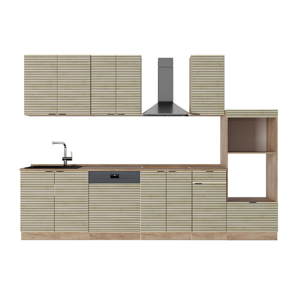 KÜCHENZEILE Fame-Line Eiche Paneel/Goldkraft Eiche 300 cm mit Hochschrank, AP Eiche - Honigeiche/Hellbraun, Holzwerkstoff (300/81.6/60cm) - Vicco