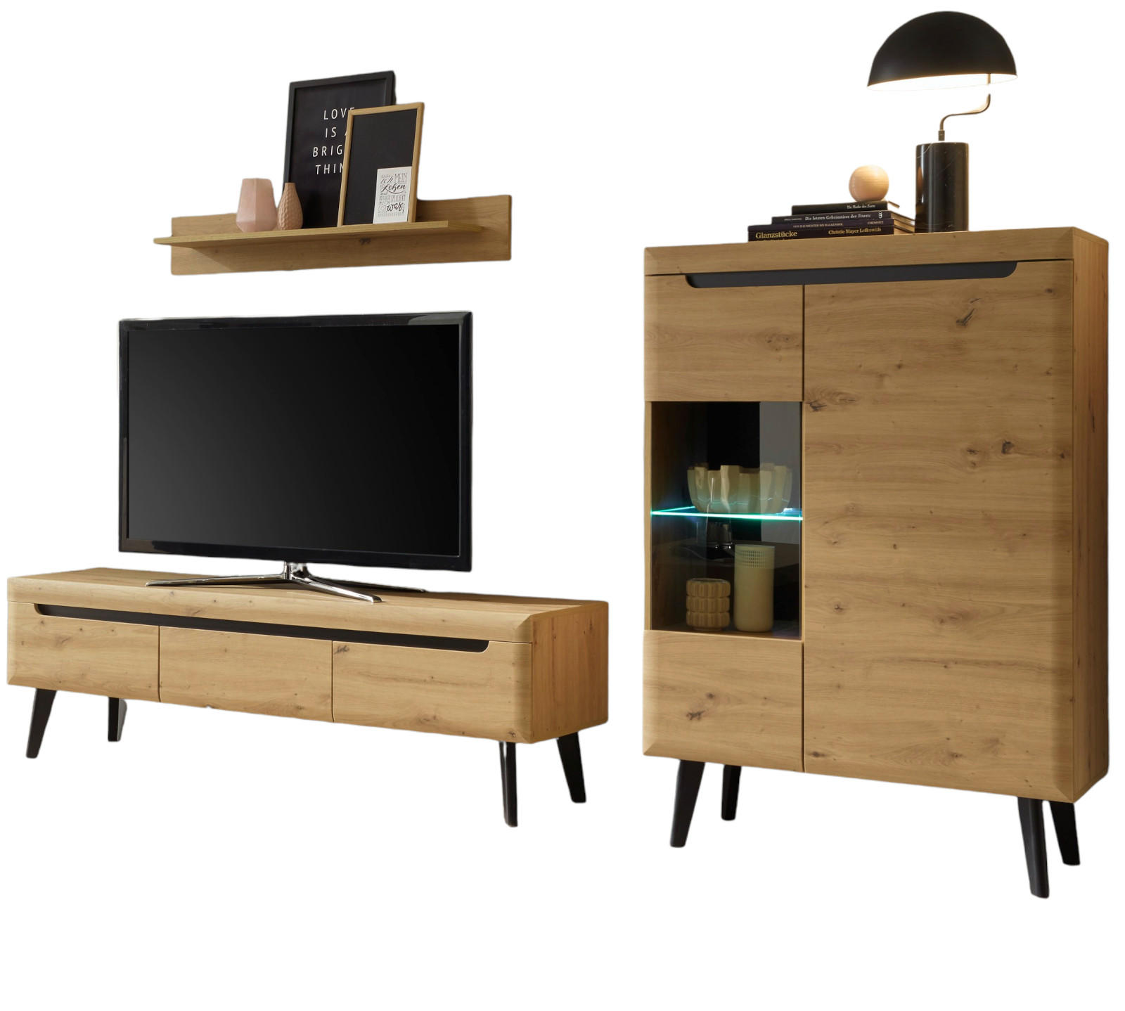 WOHNWAND Artisan Eiche schwarz, Wohnkombination 3-teilig skandinavisch, 270 x 170 cm - Schwarz/Eiche Artisan, Holz/Holzwerkstoff (270/170/40cm) - Furn.Design