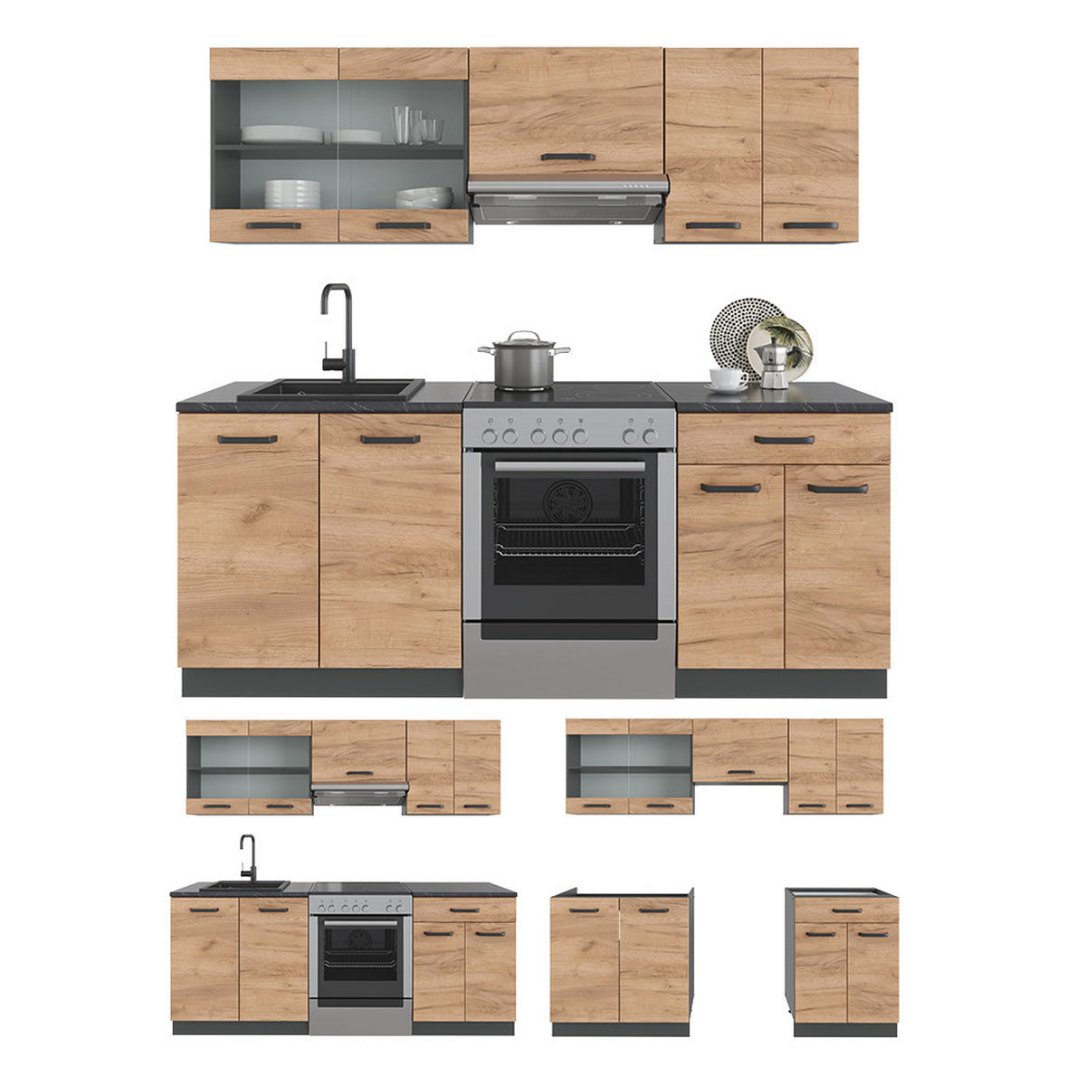 KÜCHENZEILE R-Line Goldkraft Eiche/Anthrazit 200 cm, AP Marmor - Honigeiche/Anthrazit, Holzwerkstoff (200/81.6/60cm) - Vicco