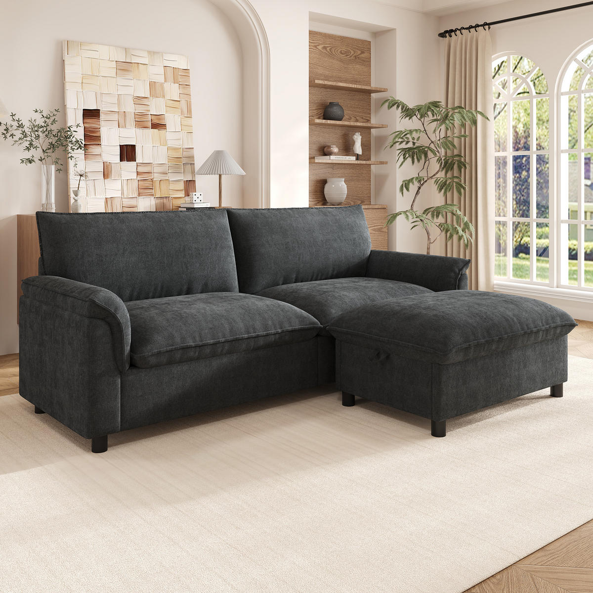 ECKSOFA 216/77/82 cm mit beweglichem Hocker, Stauraum und Schlaffunktion aus Chenille, Schwarz - Schwarz, Textil (216/77cm) - Redom
