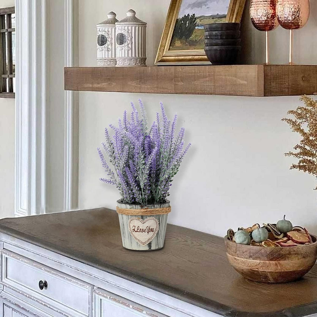 KUNSTPFLANZE Lavendel im Holztopf Landhaus-Stil - Flieder, Kunststoff (20cm)