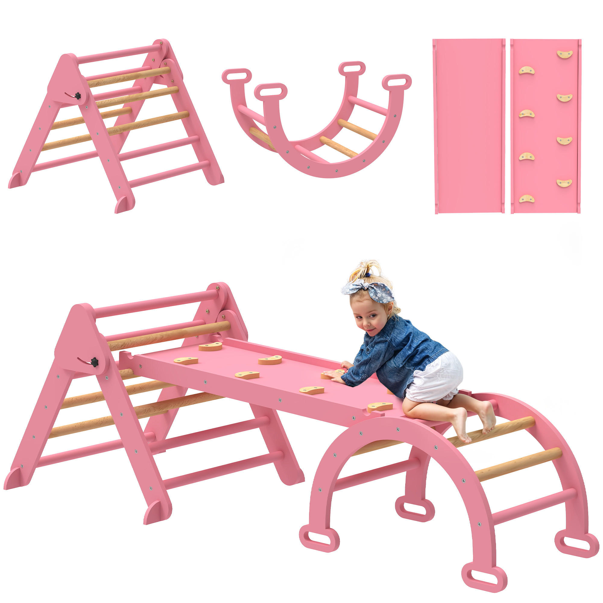 KLETTERGERÜST 7-in-1 DE-09885 Natur - Pink, Holz (70/59/188cm) - ComfortXL