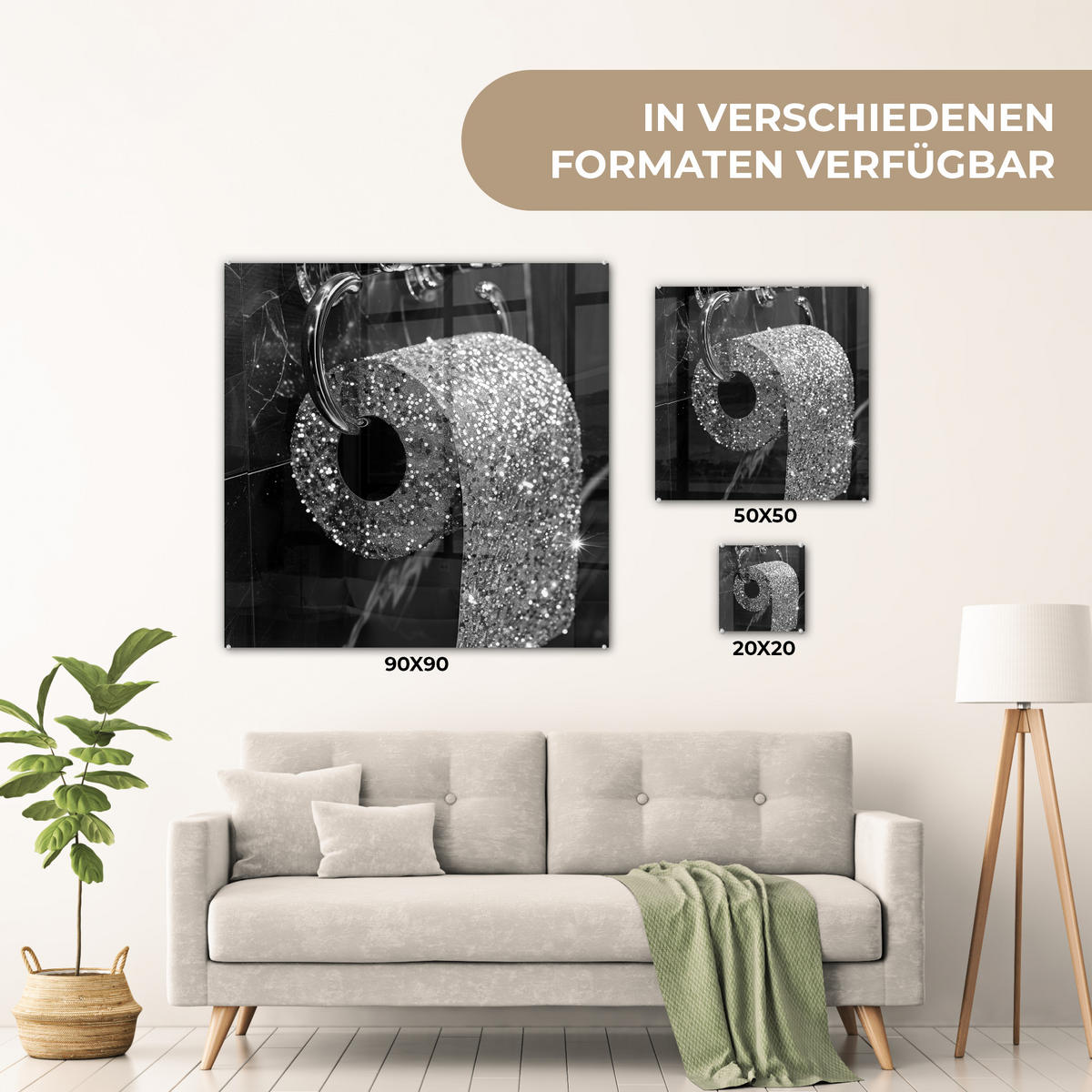ACRYLGLASBILD WC - Toilettenpapier - Schwarz und weiß - Glitter 50x50 cm - Silberfarben, Glas (50/50cm) - MuchoWow