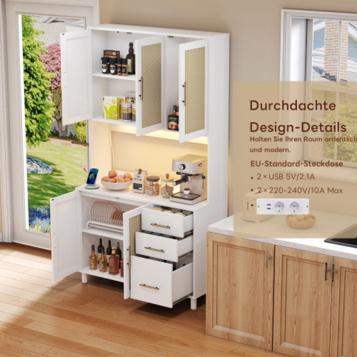 KÜCHENSCHRANK Weiß aus MDF mit Rattanfront, LED-Beleuchtung und integrierten Steckdosen 100×40×183 cm - Weiß, Holzwerkstoff (100/183/40cm) - Luhomfu