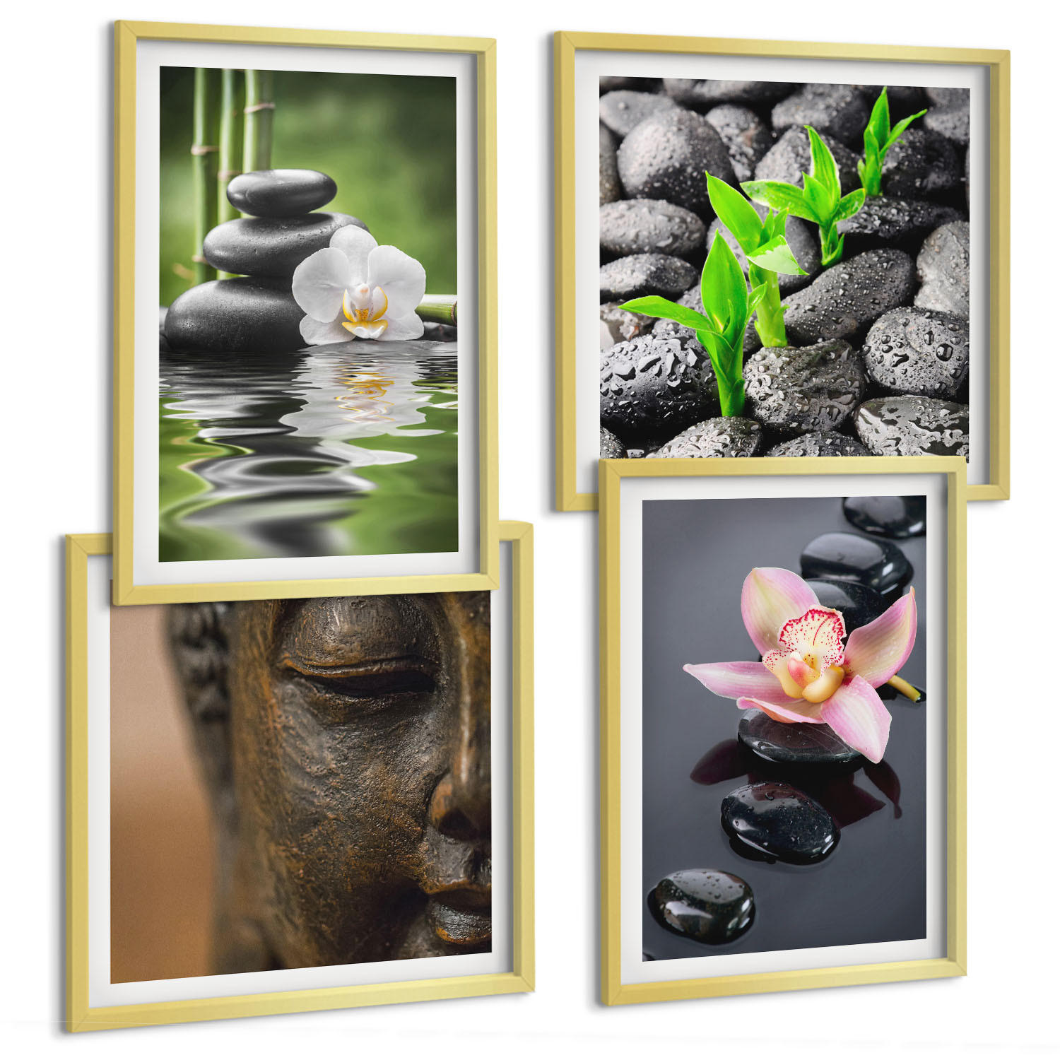 BILDER SET 4er Set - 50x50 cm & 40x60 cm Goldrahmen - Friedliche Zen-Blumen-Buddha-Komposition - Goldfarben, Kunststoff (50/50cm) - TULUP