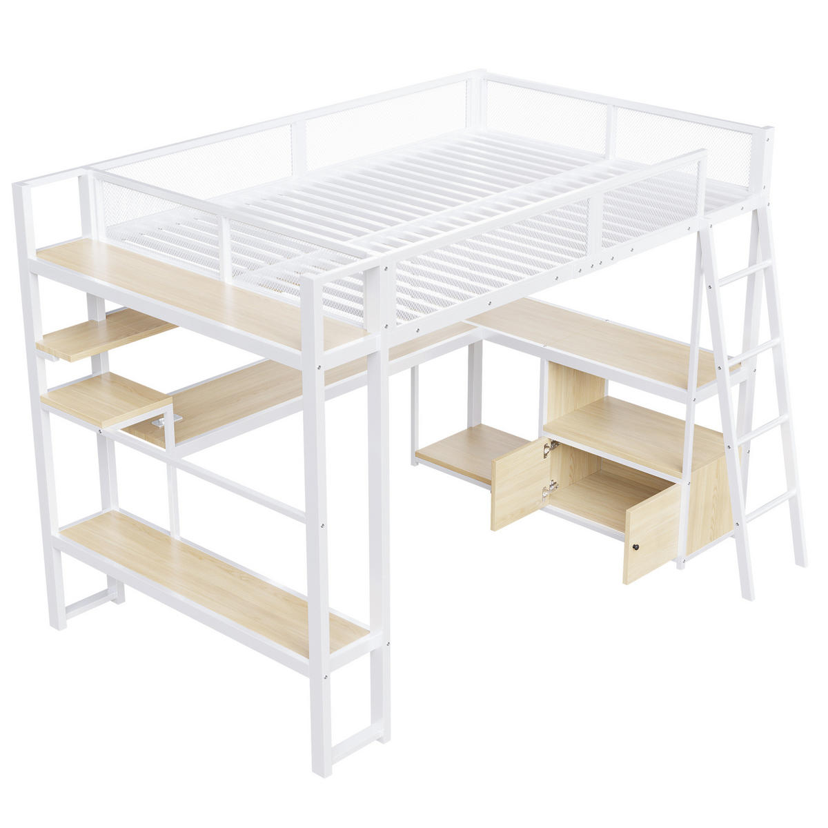 HOCHBETT 140/200 cm mit Schreibtisch, LED-Beleuchtung, Ladestation und Stauraum, Metall/MDF, Weiß - Weiß, Holzwerkstoff (140/200cm) - Redom