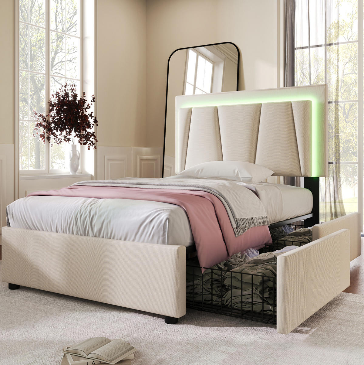 POLSTERBETT 90/200 cm in Beige mit LED-Beleuchtung, 2 Schubladen und Matratze - Beige, Holzwerkstoff (90/200cm) - Flora Grace