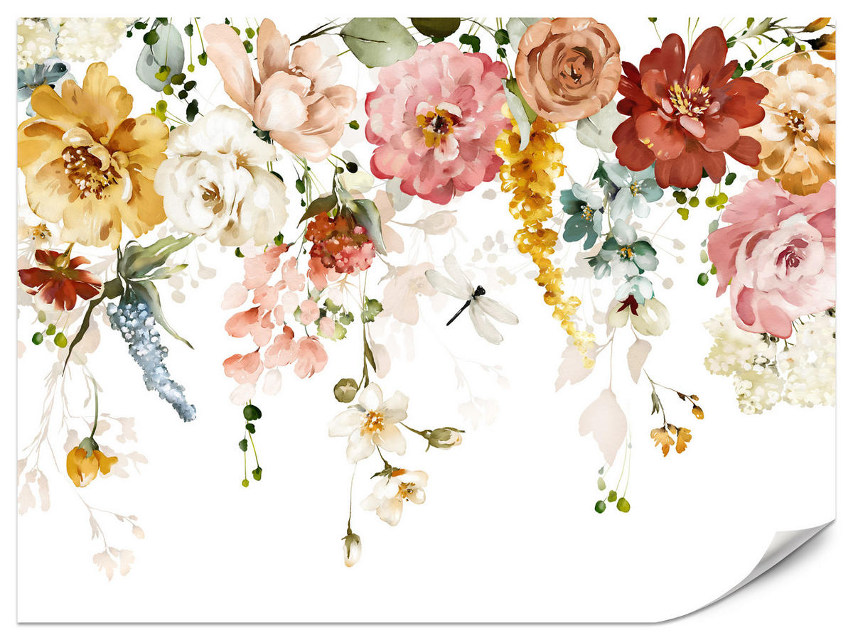 FOTOTAPETE für Schlafzimmer Aquarell Bunte Blumen Ranken Blätter 400x280 - Gelb/Rot, Papier (400/280cm) - Muralo