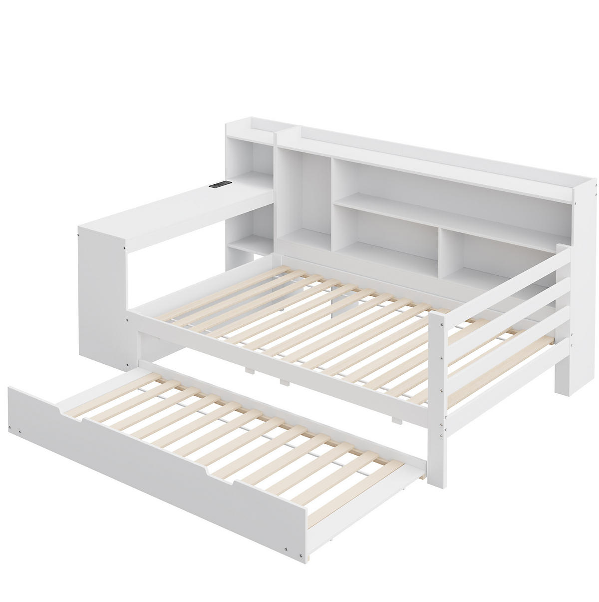 MULTIFUNKTIONSBETT 90/200 cm mit Ausziehbett, Schreibtisch, Regalen und Steckdose, Weiß - Weiß, Holzwerkstoff (90/200cm) - Redom