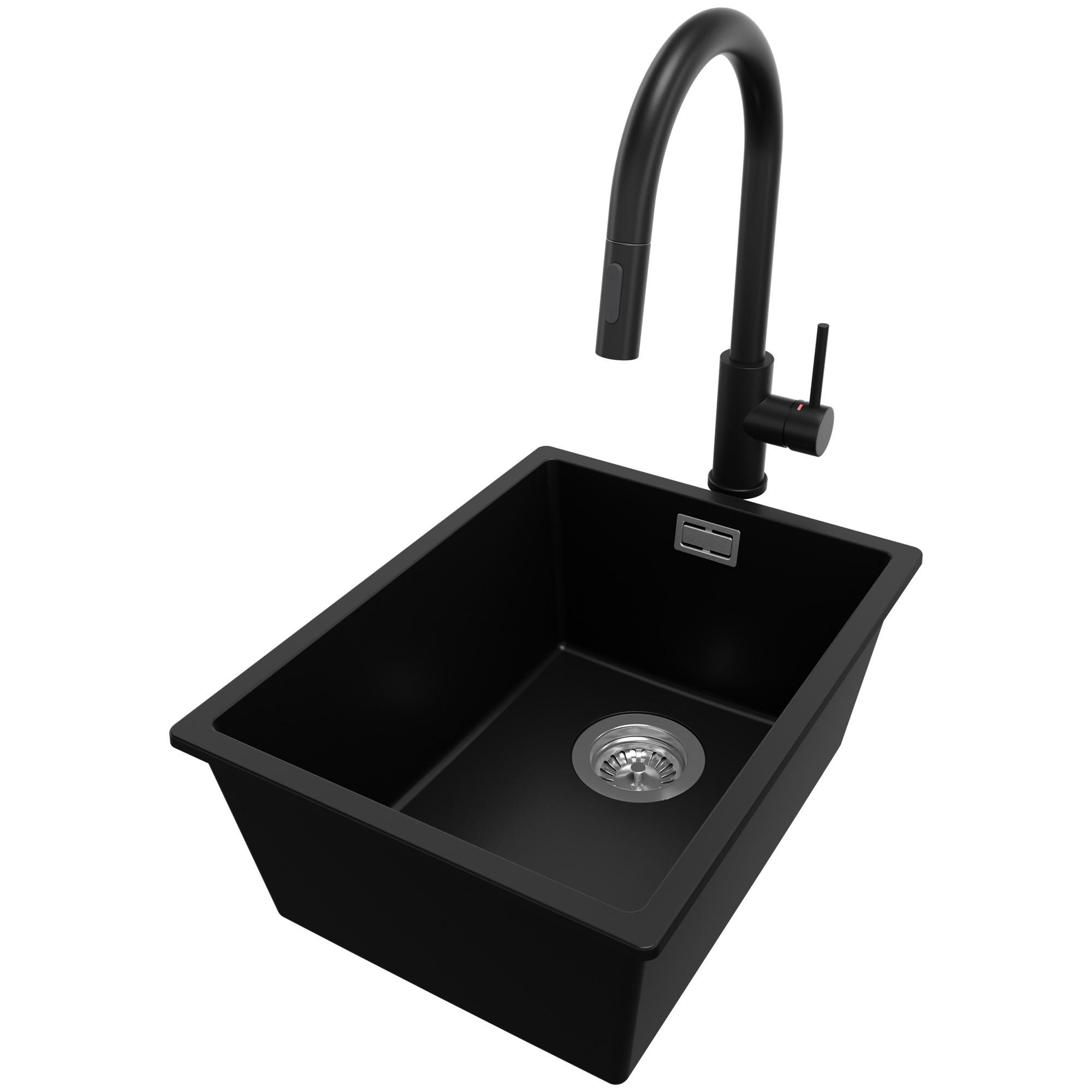 UNTERBAUSPÜLE GRANIT London, 2-er set Schwarz 36/47 cm 1 Becken + Küchenarmatur 40/20 cm + Ablauf-Set ab 40er Unterschrank - Chromfarben/Schwarz, Kunststoff (36/20/47cm) - Primagran