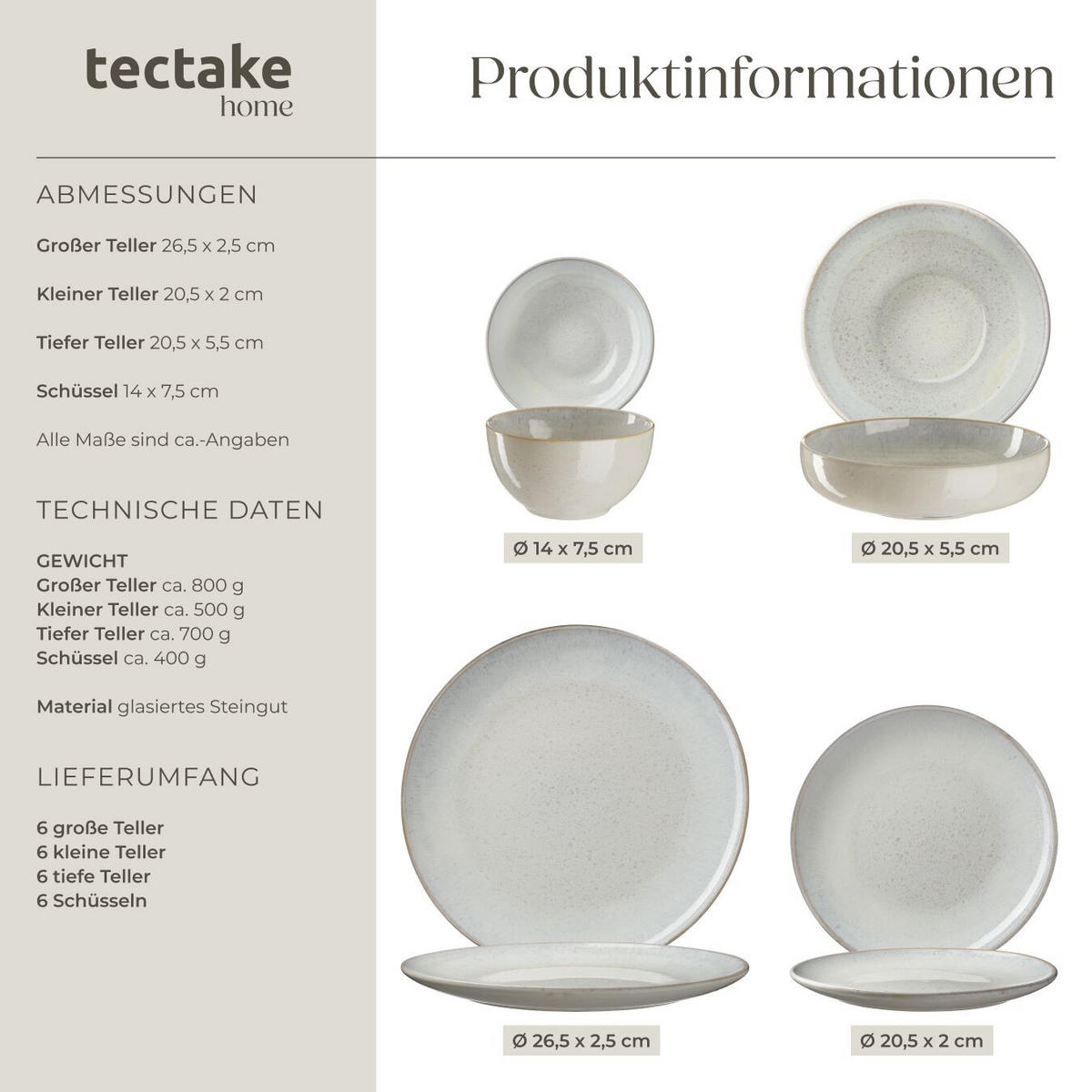 TAFELSERVICE Mare, ineinander stapelbar, grau - Grau, Keramik (26.5/2.5/26.5cm) - tectake