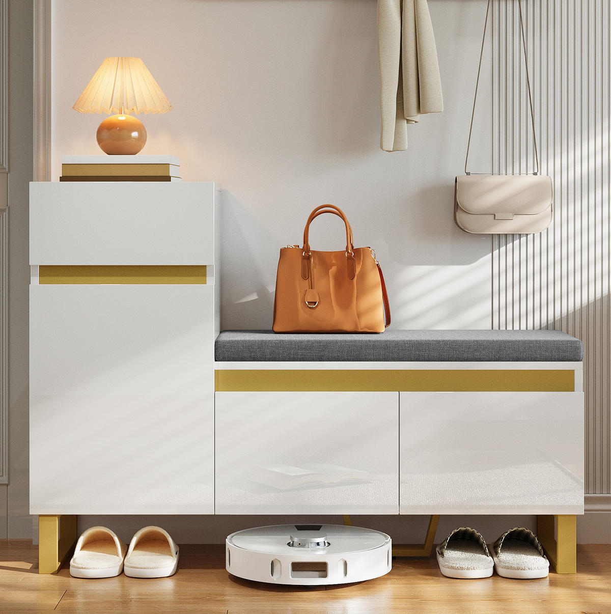 SCHUHSCHRANK 120/85/35 cm Weiß aus MDF mit Sitzkissen - Weiß, Holzwerkstoff (120/85/35cm) - OKMYHOME