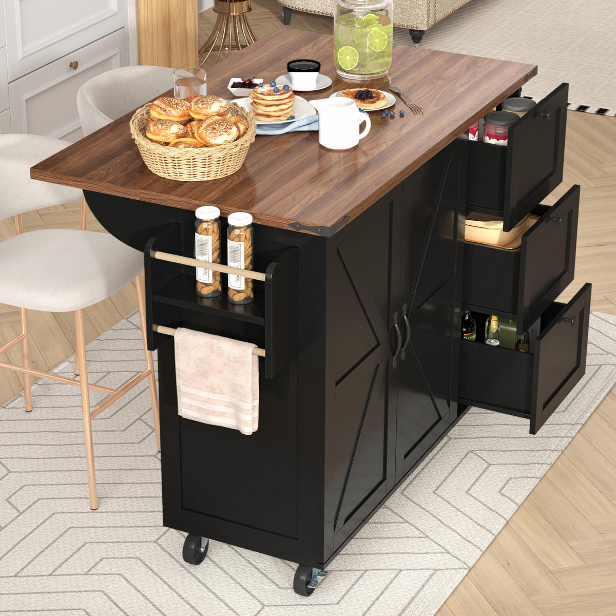 KÜCHENINSEL Servierwagen Ausziehbar Holzmaserung Schwarz - Schwarz, Holzwerkstoff (140/92.5/45cm) - FLIEKS