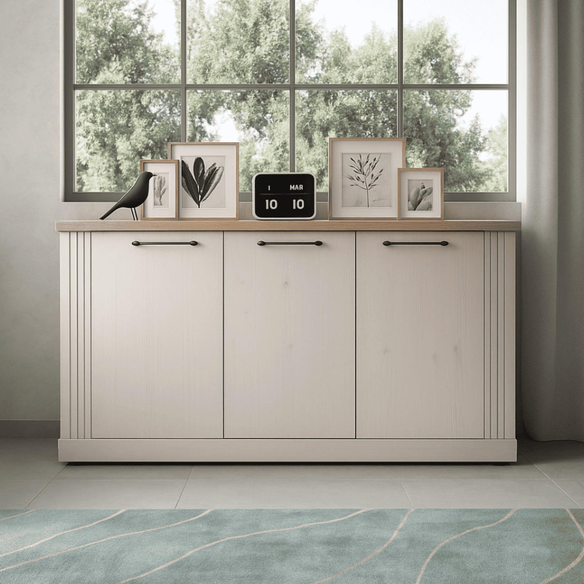 SIDEBOARD mit 3 türen, dekor eiche cadiz und meringue-weiß - country 164/44/88 cm - Weiß, Holzwerkstoff (44/88/164cm) - Calicosy