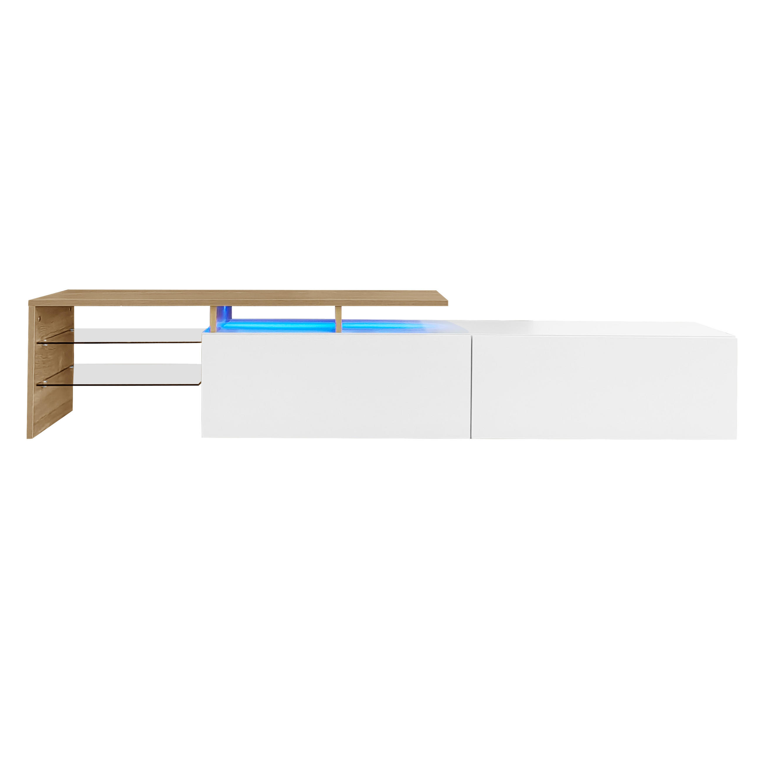 TV-ELEMENT170X33X33,5CM HochglanzWeiß mit LEDBeleuchtung und Glasböden - Naturfarben, Holz (42.19/18.42/143cm) - Raelunyi