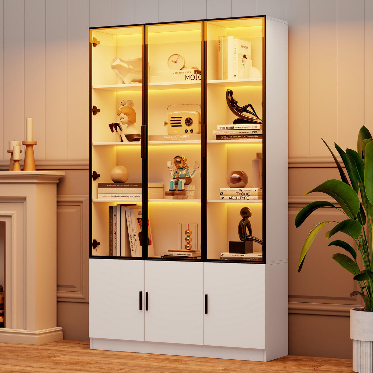 HOCHSCHRANK aus MDF 120x32x200cm in Weiß mit LED & Glastüren - Weiß, Holzwerkstoff (120/200/32cm) - Modfu