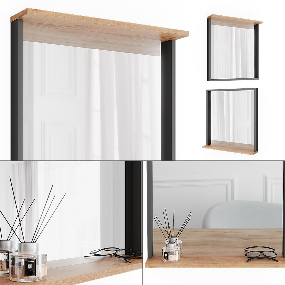 STĚNOVÉ ZRCADLO Orlando Antracit/zlatý dub - medově dubová/antracitová, kompozitní dřevo (57/60/12cm) - Vicco