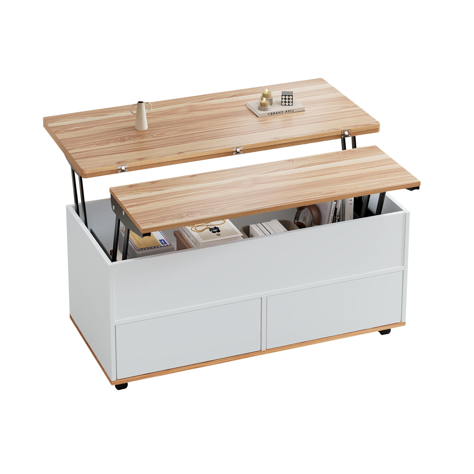 COUCHTISCH 100/98/65 cm höhenverstellbar mit hydraulischen Tischplatten, Stauraum und Rollen, Spanplatte, Weiß/Naturholz - Weiß, Holzwerkstoff (100/98/65cm) - Redom