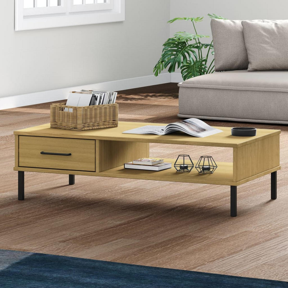 COUCHTISCH OSLO mit Metallbeinen Braun Massivholz Kiefer - Braun, Holz (100/55/29cm) - furnicato