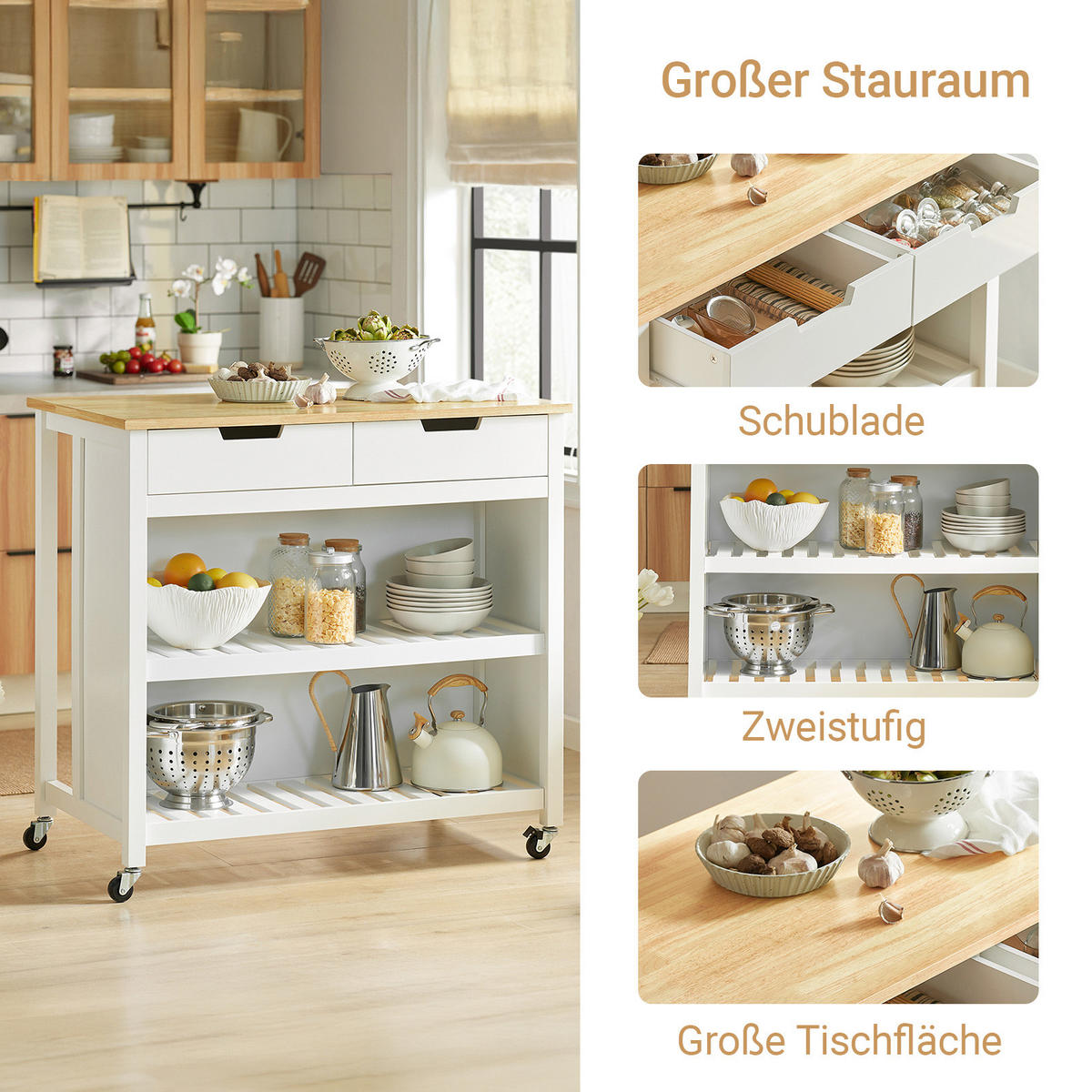 KÜCHENINSEL rollbar Weiß-Natur - Weiß, Holzwerkstoff (98/94/58cm) - SoBuy