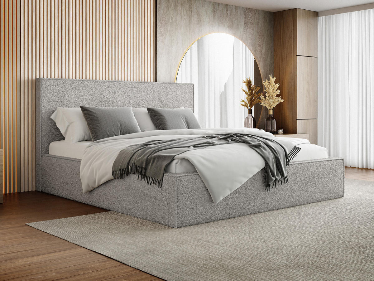 POLSTERBETT Terra Slim mit Bettkasten, Grau Boucle 120x200 cm - Birkefarben/Schwarz, Holz/Holzwerkstoff (120/200cm) - WFL GROUP