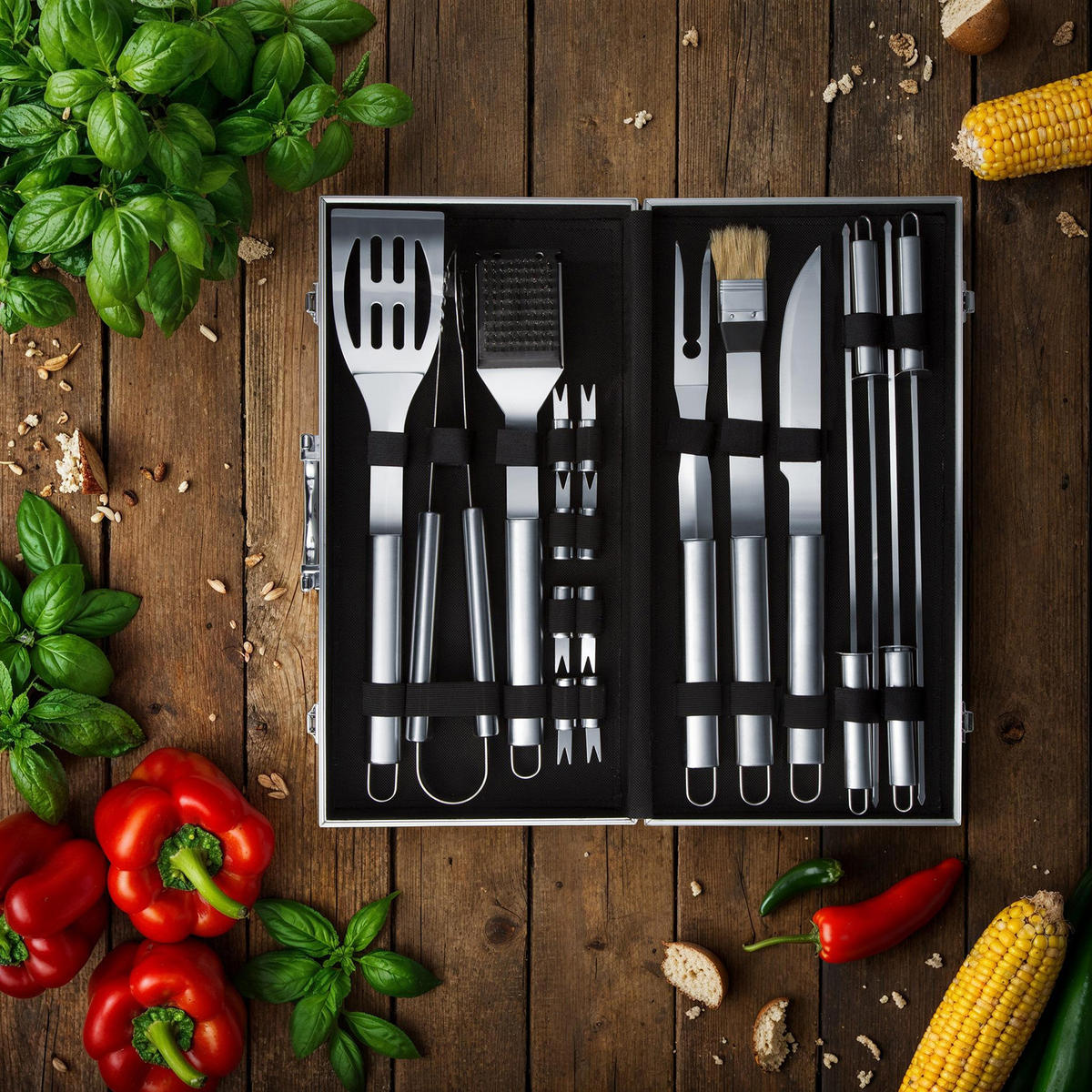 GRILLBESTECK ,inklusive Aluminiumkoffer,grau - Grau, Metall (47cm) - tectake