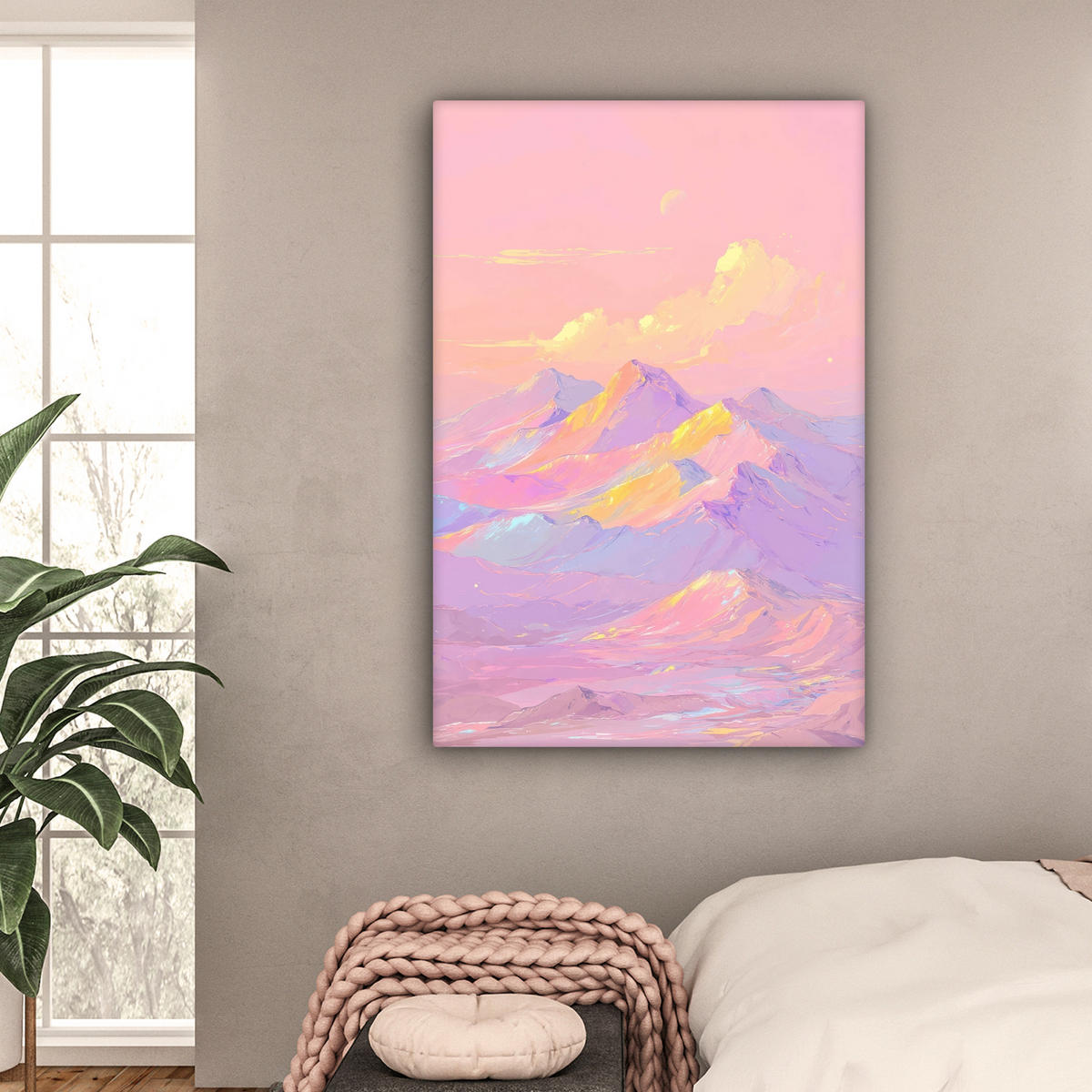 LEINWANDBILD Berggipfel - Wolken - Verträumt Deko XXL 80x120 cm - Hellrosa, Textil (80/120cm) - MuchoWow