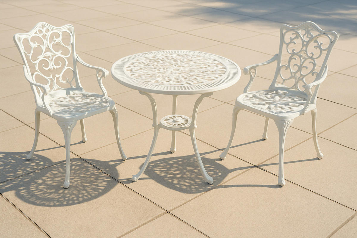 BISTROSET Boulder - Jugendstil - Gartenmöbel Set 3-teilig, Sitzgruppe Aluguss antik weiß - Weiß, Metall - TPFGarden