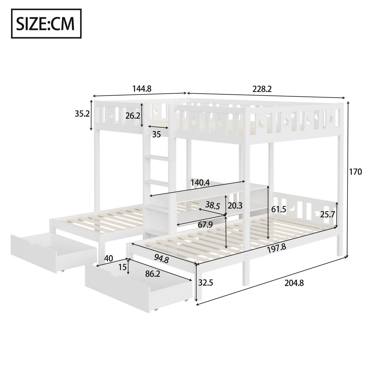 ETAGENBETT 140/200 cm / 90/200 cm DE-01543, in Weiß, mit 2 Schubladen und Stauraum - Weiß, Holz (140/200cm) - ComfortXL