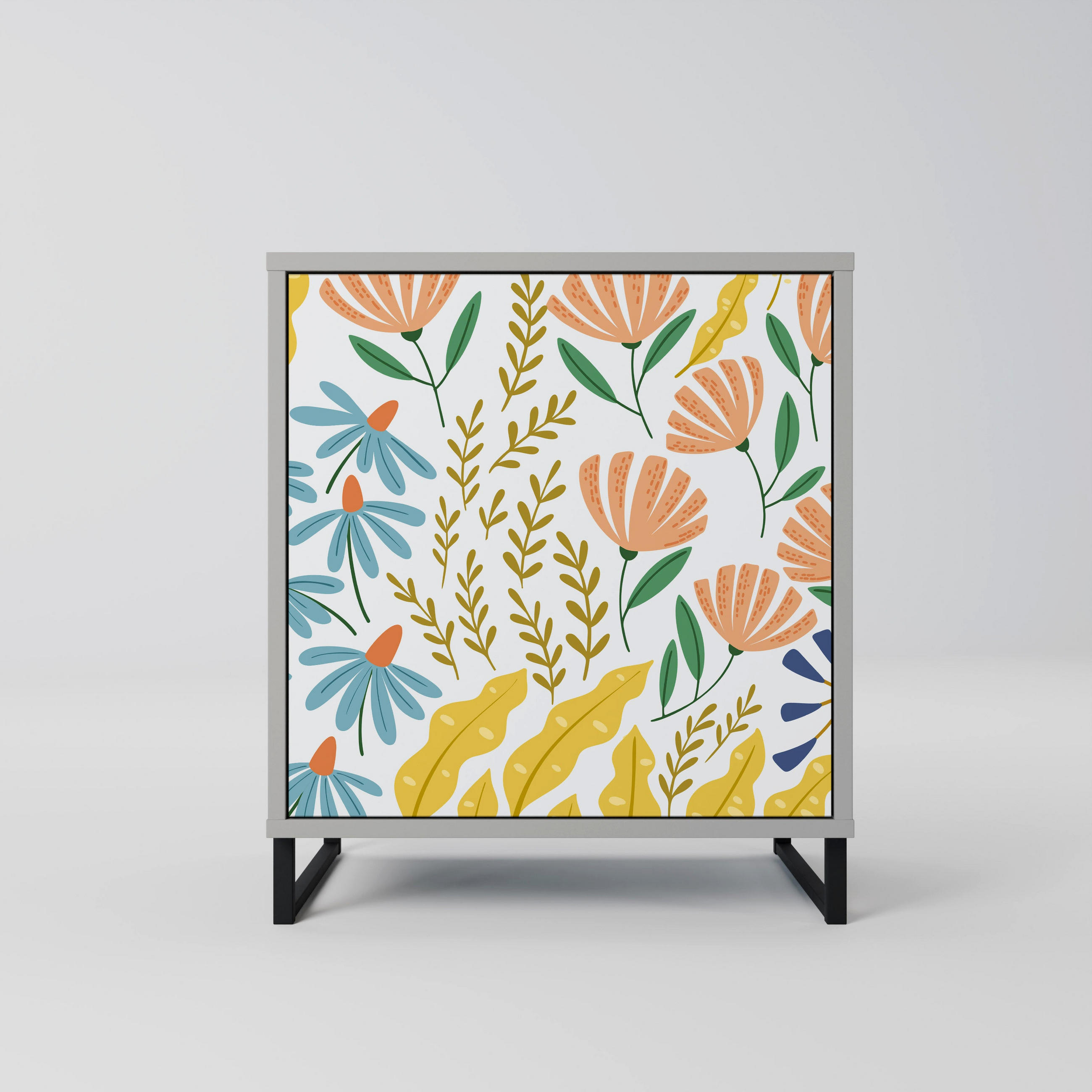 SIDEBOARD HELLO SPRING, Grau, 57,5x42x67,5 cm, Schwarze Metall-Rahmenfüße - Multicolor/Schwarz, Holzwerkstoff/Metall (57.5/67.5/42cm) - SpaceRebels