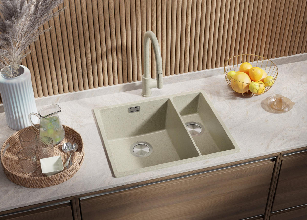 GRANITSPÜLE London Slim Duo, 2-er set Beige 56/47 cm 1,5 Becken + Küchenarmatur 40/20 cm + Ablauf-Set ab 60er Unterschrank - Chromfarben/Beige, Kunststoff (56/20/47cm) - Primagran