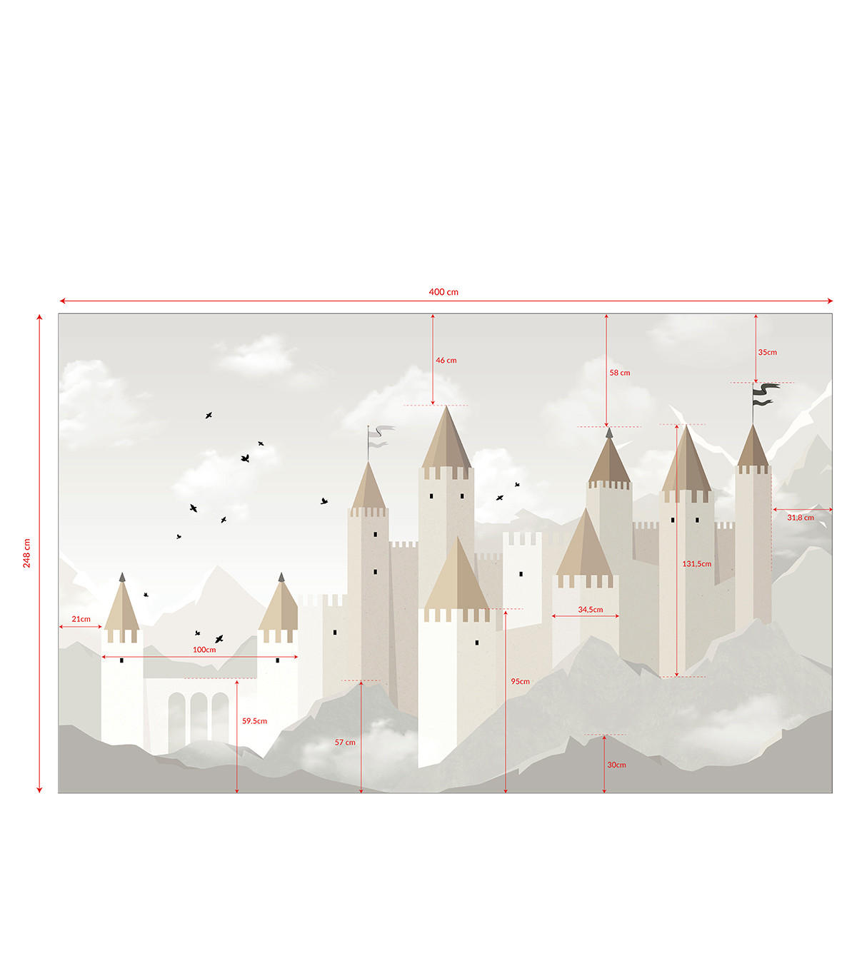 PANORAMA-VLIESTAPETE Schloss 4 x 2,48 m, grau - Beige/Hellgrün, Papier (400/258cm) - Lilipinso