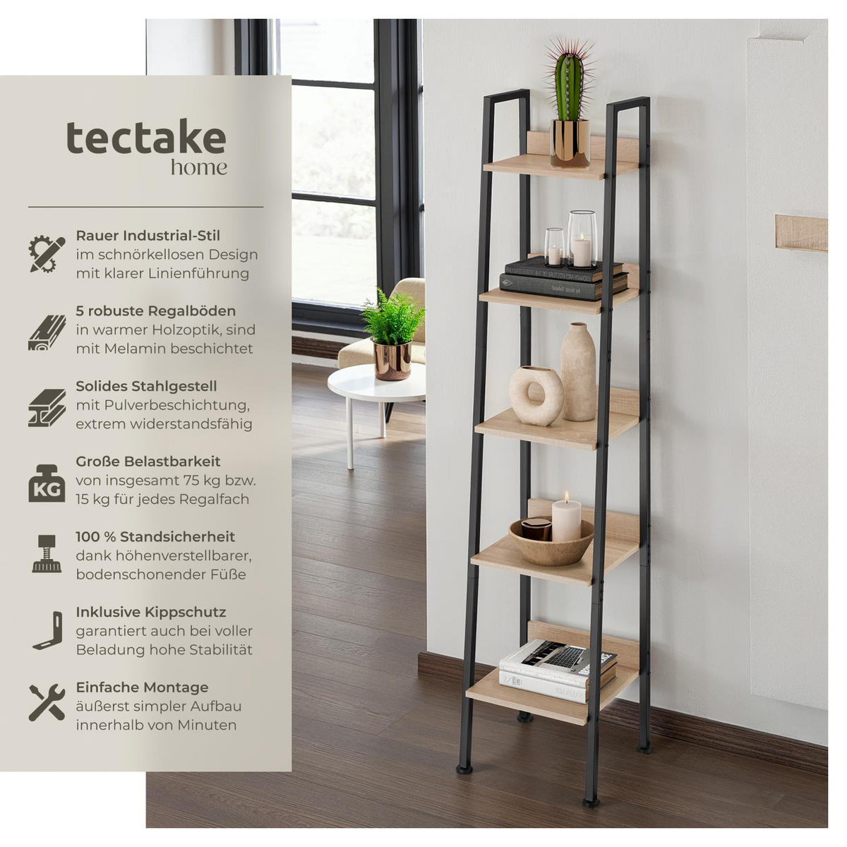 LEITERREGAL Folkestone,inklusive Kippschutz, 35,5 x 31,5 x 170,5 cm,Industrial Holz hell, Eiche Sonoma - Naturfarben, Holzwerkstoff (31.5/170.5/35.5cm) - tectake