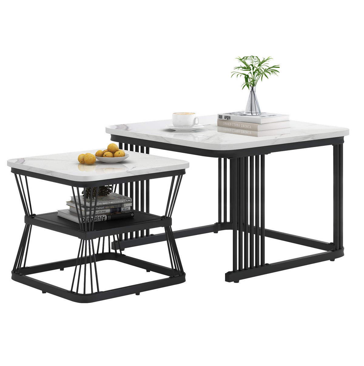 COUCHTISCH-SET 65/65/45 & 45/45/39,5 cm in Weiß mit Marmoroptik - Weiß, Holzwerkstoff (65/65/45cm) - Flora Grace