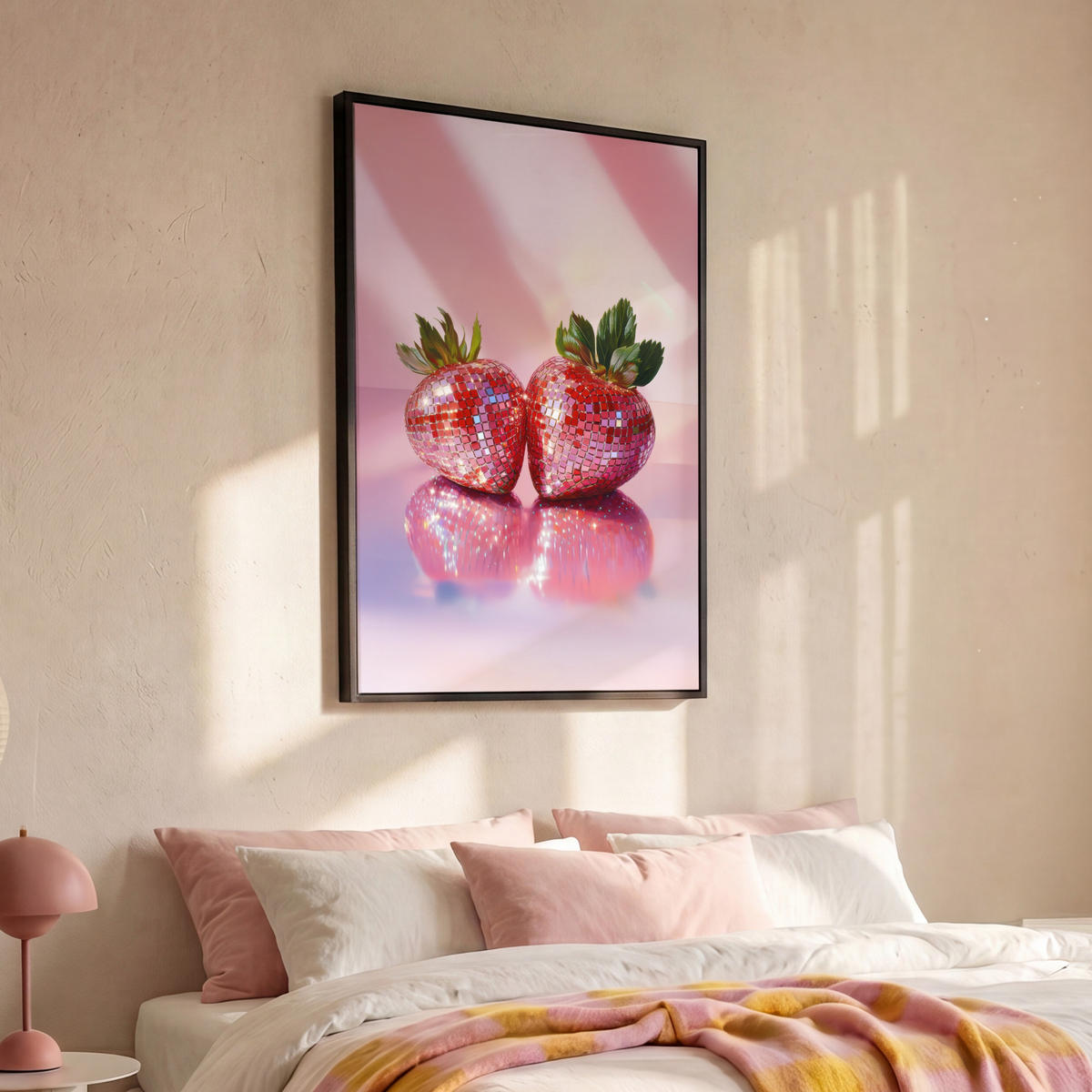 LEINWAND Bilder mit Rahmen - Disco - Obst - Glitzer - Erdbeere - 90x140 - Pink, Textil (90/140cm) - MuchoWow