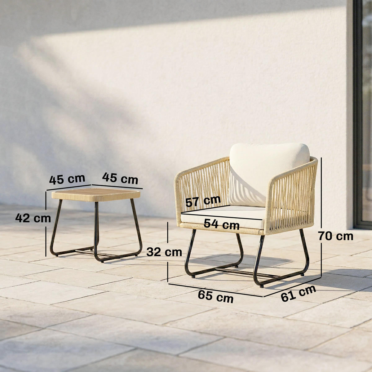 RATTAN-SITZGRUPPE 3er Set PP-Rattan Stahl Cremeweiß - Beige/Creme, Textil/Metall - Outsunny