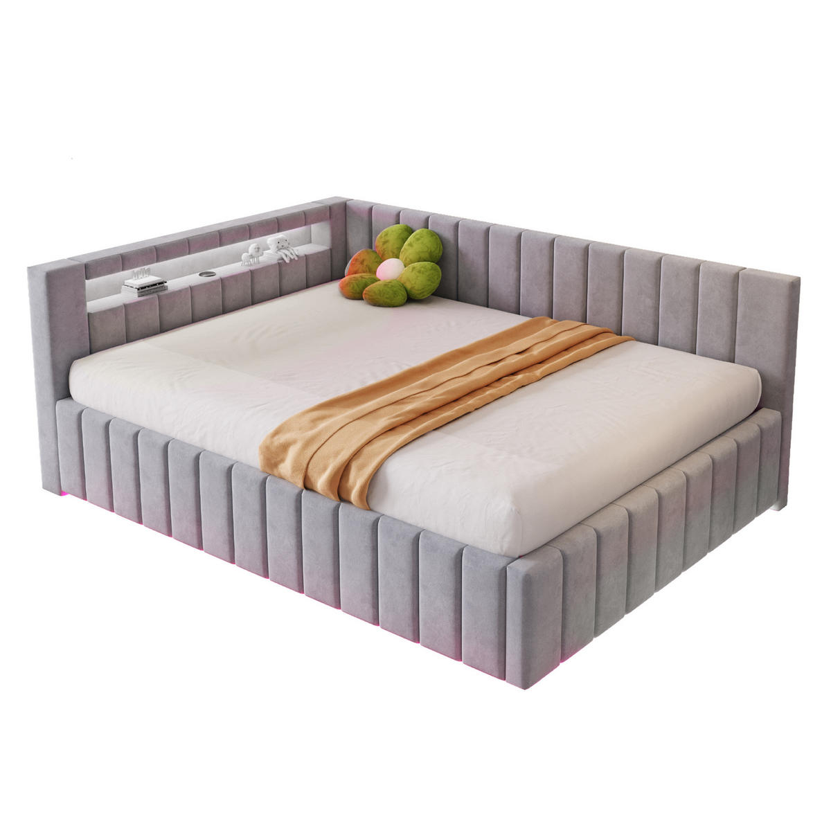 POLSTERBETT 140/200 cm aus Samt mit LED-Beleuchtung USB und Stauraum Grau - Hellgrau, Textil (140/200cm) - Modenvie