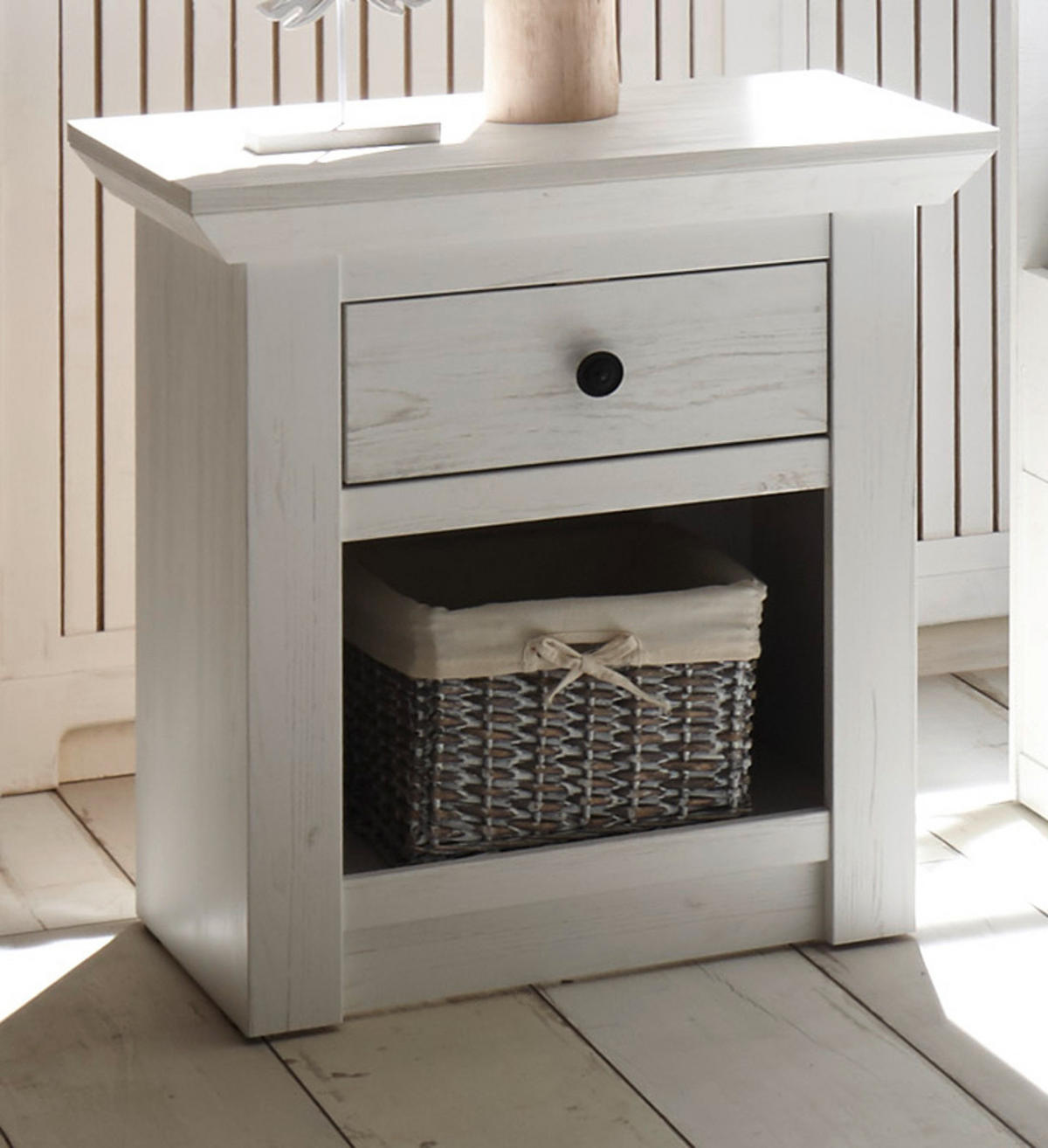NACHTTISCH Pinie weiß Landhaus, Nachtkommode mit Schublade - Schwarz/Weiß, Holz/Holzwerkstoff (59/62/45cm) - Furn.Design
